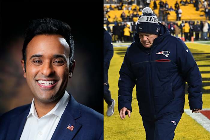2024 Republican primary candidate Vivek Ramaswamy (left) and New England Patriots coach Bill Belichick (right).